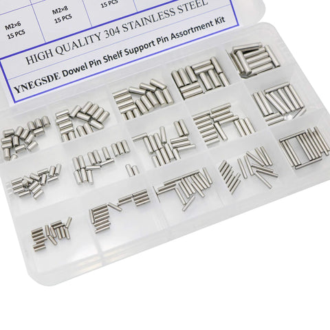 225-piece stainless steel dowel pin assortment kit with M2/M3/M4 shelf pins in a clear organizer
