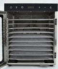 Premium Electric Food Dehydrator With Six Heavy Duty Mesh Trays open view showing six stackable trays for drying foods.