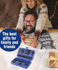 Gift box and 39-Piece Magnetic Nut Driver Set With Impact Socket Adapters shown as holiday gift idea with smiling couple.