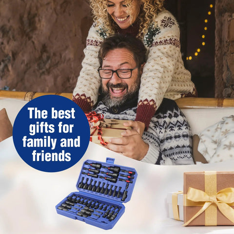 Gift box and 39-Piece Magnetic Nut Driver Set With Impact Socket Adapters shown as holiday gift idea with smiling couple.