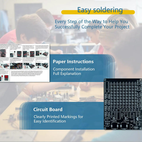 LED Hands On Follow Light Soldering Kit circuit board and instructions with educational background scene.