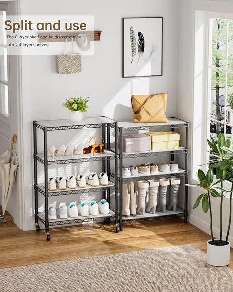 8 Tier Adjustable Metal Wire Storage Shelf Unit For Kitchen Garage And Laundry Beefy Build Sturdy Standing Rack With Rust Resistant Coating And 800lbs Total Capacity Easy Assembly Space Saving Organizer split into two 4-tier shoe racks