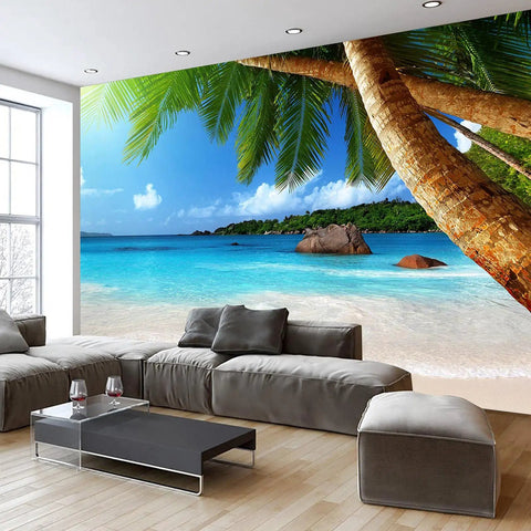 Beachy Ocean Mural 195 By 120 Inches Large Fabric Wall Art With Palm Trees Beach Scene For Bedroom And Living Room Not Peel And Stick