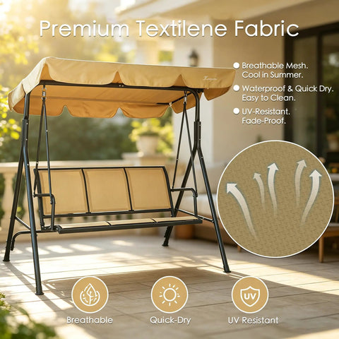 Three Person Outdoor Porch Swing With Canopy Shade, Breathable Textilene Seat And Armrests, Adjustable Canopy, Heavy Duty Steel Frame