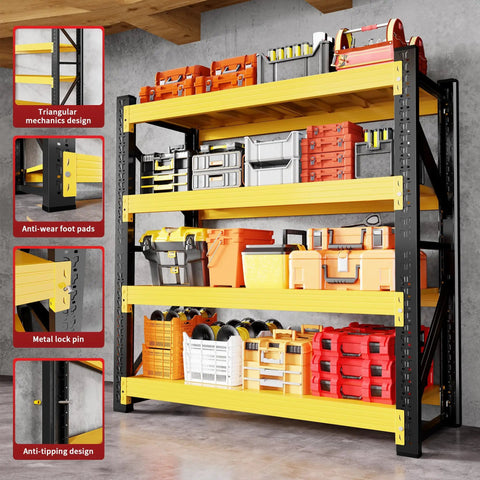 Heavy Duty Metal Garage Shelving Unit, A Dang Solid Shop Storage Rack That Tackles Every Heavy Tool Without Cracking A Sweat, Industrial Load Bearing Organizer, Black Yellow, 47 By 79 By 24 Inches with organized tools.