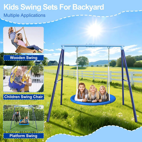 Heavy Duty Saucer Swing Set For Backyard 500lbs Capacity Outdoor Metal Frame Playground Equipment With 45 Inch Round Swing