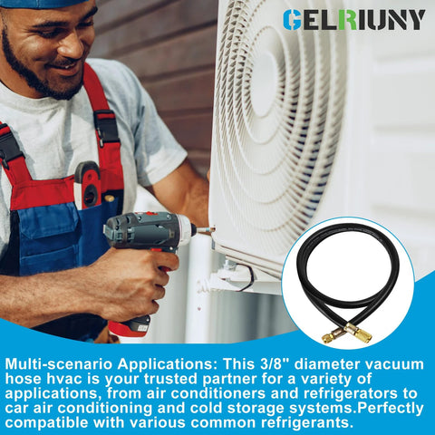 HV1S 3/8 in heavy-duty vacuum charging hose with 3/8–1/4 in fittings, 5 ft, 800 PSI working, 4000 PSI burst; black hose with brass fittings (Gelriuny).