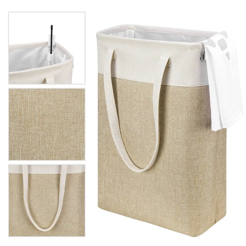Two-Pack Slim Laundry Hampers Set In Beige And Khaki, Collapsible Linen-Like Fabric Baskets For Clothes, Toys, Towels