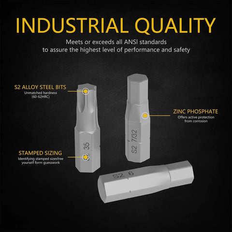 Durable 30 Piece Screwdriver Bit Set with S2 steel construction showcasing stamped sizing and zinc phosphate coating.
