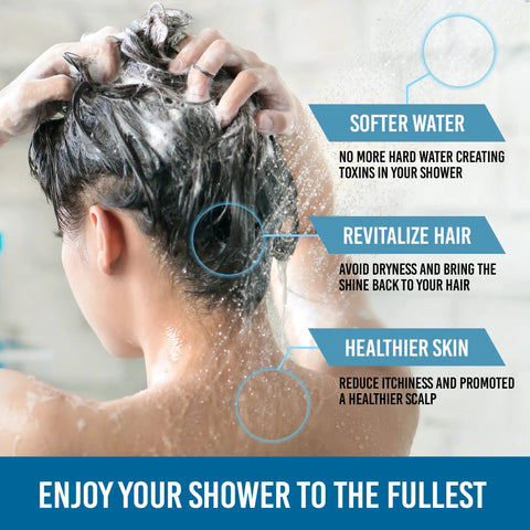 Person washing hair, highlighting benefits of 2 In 1 Rain Shower Head Filter With High Pressure Performance, Replaceable Water Filter.