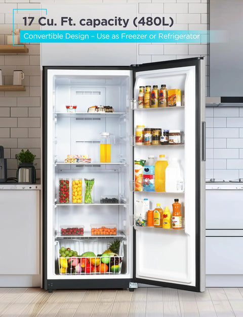 Big Boy 17 Cu Ft Convertible Freezer And Refrigerator, Garage Ready Stand Up Cooler featuring food storage and drink options.