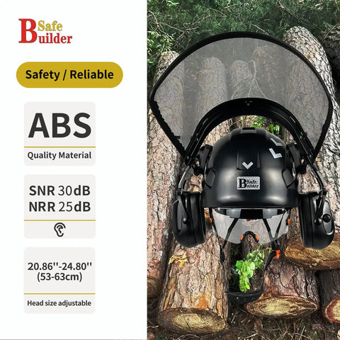 Forestry Safety Helmet With Built In Visor Mesh Face Shield And Ear Muffs 4 In 1 Chainsaw Safety Hard Hat on logs