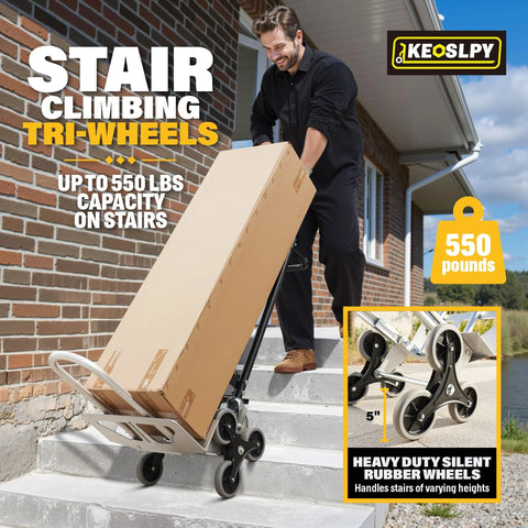 Person using a 3 In 1 Industrial Convertible Hand Truck Dolly Cart With 1000 Lbs Capacity, Heavy Duty Stair Climbing Dolly on stairs