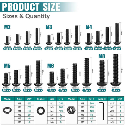 Metric Machine Screw Assortment Kit 3038Pcs With M2 M3 M4 M5 M6 M8 Hex Button Head Screws 4Mm To 45Mm Long 10.9 Grade Alloy Steel Nuts, Washers, And Wrenches For 3D Printing DIY Projects product size chart