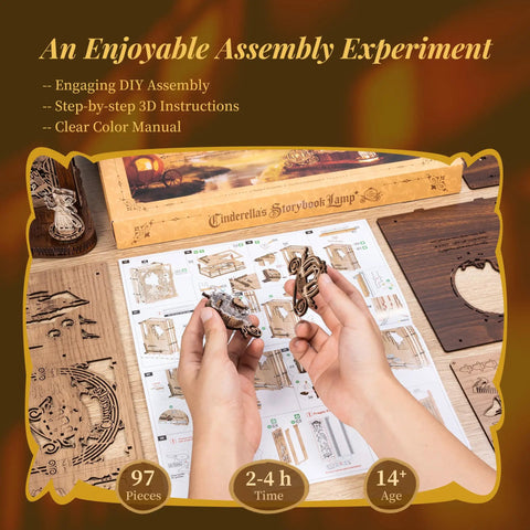 Hands assembling Cinderella LED 3D Puzzle Night Light DIY Storybook Lamp Wooden Puzzle, instruction sheet visible