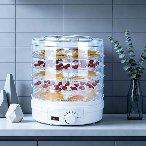 Heavy Duty Electric Food Dehydrator With Five Clear Trays And Adjustable Heat Zones For Zero Fuss Drying Of Fruit Meat Jerky And Custom Pet Treats Perfect For Family Dinners And Weekend Meal Prep, showing transparent trays with dried fruit.