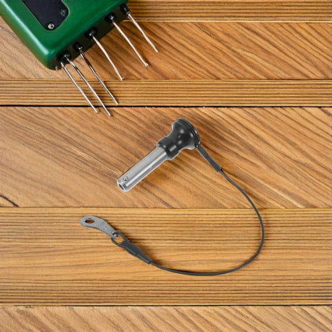 Heavy Duty Stainless Steel Quick Release Push Button Ball Locking Pin 10mm By 30mm For Audio Speaker Mounting Industrial Fastener With Easy Grab Handle on wooden surface.
