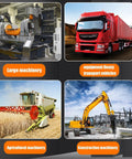 Collage of large machinery, heavy transport vehicle, agricultural machinery, and construction equipment for industrial use.