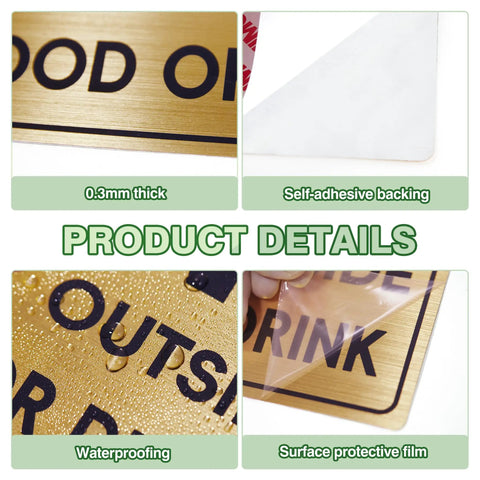 Brushed Gold No Food Or Drink Sign For Doors Two Pack Self Adhering Indoor Or Outdoor Use Ideal For Restaurants Offices And Businesses No Outside Food Or Drinks Allowed Sticker, 0.3mm thick