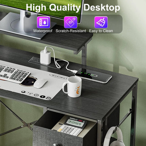 33.5 Inch Compact Gamer Desk With Remote RGB LED Lights And 3 In One Power Hub, monitor stand, CPU stand, storage drawer, black