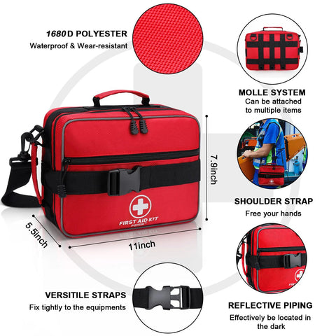 Red 11-inch first aid kit bag, 1680D polyester, MOLLE system compatibility, shoulder strap
