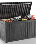 180 Gallon Resin Outdoor Deck Box Waterproof Storage Chest For Patio Furniture Cushions Pool Accessories And Garden Tools Easy Access Lid UV Resistant And Weatherproof Black with open lid showing items inside.
