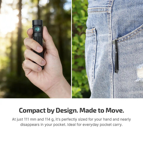 Baton4 Pro EDC Flashlight Tiny Pocket Sized 1600 Lumen LED Light held in hand and clipped to jeans pocket