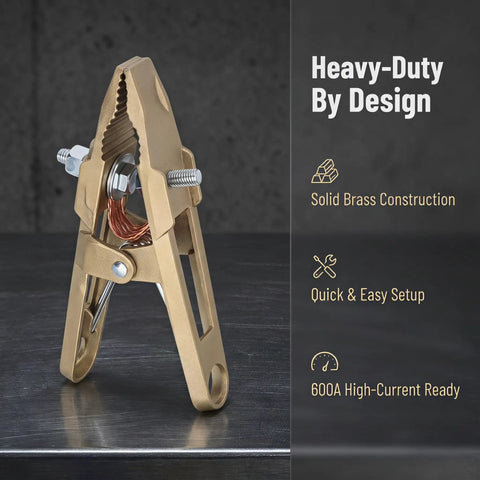 Heavy Duty Brass Welding Ground Clamp For Stick Mig Tigs And Cutting Tasks With Secure Locking Set Screws For Solid Earth Wire Connection In Professional Shop Settings, showcasing solid brass material and design.