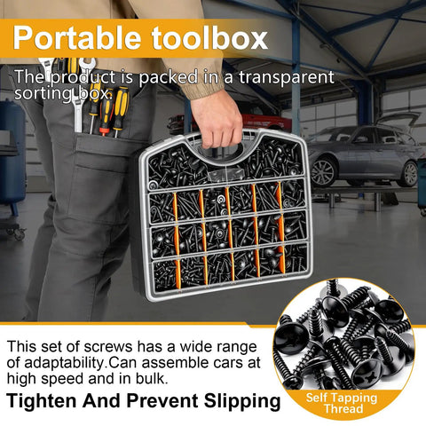 Person holding 280 Piece Automotive Body Screw Kit with Self Tapping Phillips and Washer Head Screws Includes Sizes 8 10 12 14 for Fender Liner and Engine Splash Shield DIY Friendly Install Durable Universal Fasteners in a transparent box.