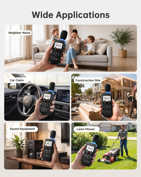Real Time Decibel Meter With 2 Inch IPS Screen For Home And Office A Weighted Sound Level Meter Measuring 30 To 130 dB For TVs, Speakers, Appliances, Toys, Pool Pumps With Light And Dark Theme, used in home, car, and construction scenes