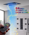 Top Shelf Heavy Duty Stainless Steel Shower Panel Fifteen X Twenty Three Inches With Built In Bluetooth Speakers Smart Thermostatic Valve Four Way Rainfall Waterfall And Body Jets Remote Color Changing Antique Brass, showing LED rainfall feature with remote control.