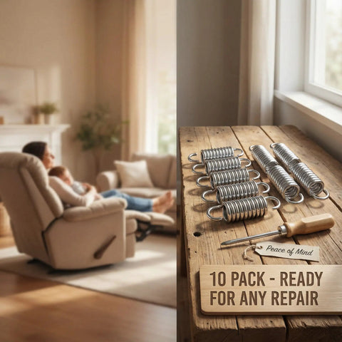 Replacement 2 Inch Extension Springs For Furniture Mechanisms 10 Pack displayed on a table beside recliner in use