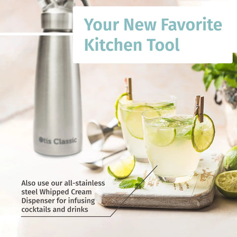 304 Stainless Steel Whipped Cream Dispenser 500ml With 3 Decorating Nozzles next to mixed drinks with limes