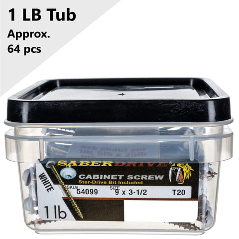 Heavy Duty White Cabinet Screws No Nine By Three Point Five Inch Saber Drive Wood Fasteners One Pound Tub Sporting Serrated Threads For A Rock Solid Grip And Zero Cam Out Shop Tested Gear For Cabinetry Work