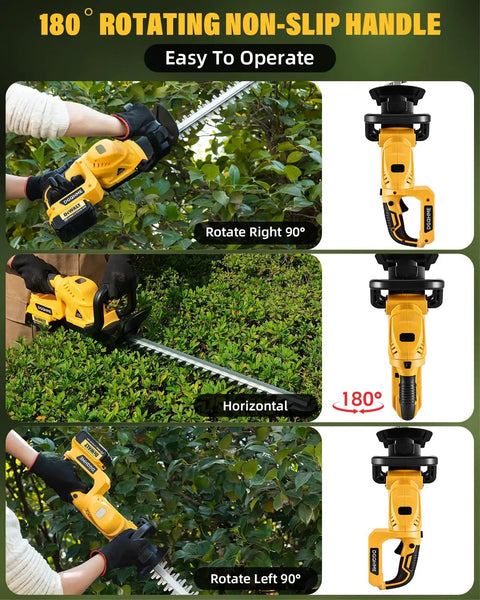 Cordless Electric Hedge Trimmer With 20V Max Battery Compatibility, 180 Degree Rotating Head, shown cutting hedges