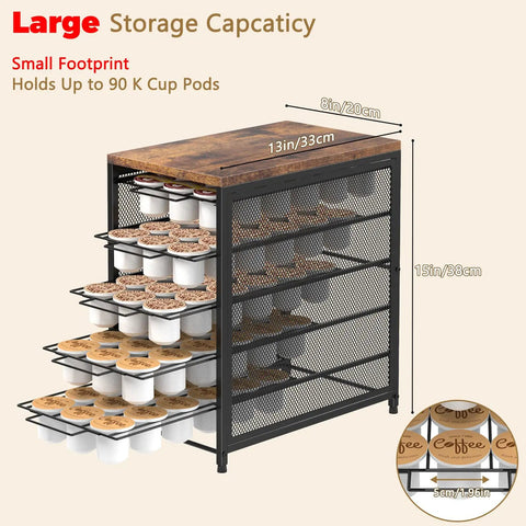 Five Tier Coffee Pod Storage Drawer For Keurig Pods Holds 90 Pods With Sliding Baskets, Countertop Organizer With Rustic Wood Top