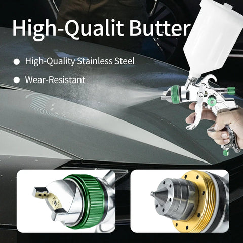HVLP Spray Gun Kit Featuring Quick Swap 1 Point 4 To 2 Point 5 Millimeter Nozzles spraying smooth paint on a car surface.