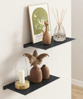 Slick 8 Inch Small Floating Wall Shelves, Heavy Duty Metal Wall Mounted Storage for Bathroom Bedroom Living Room, Dope Minimalist Black Display Racks for Books Room Decor Two Pack with decorative items.