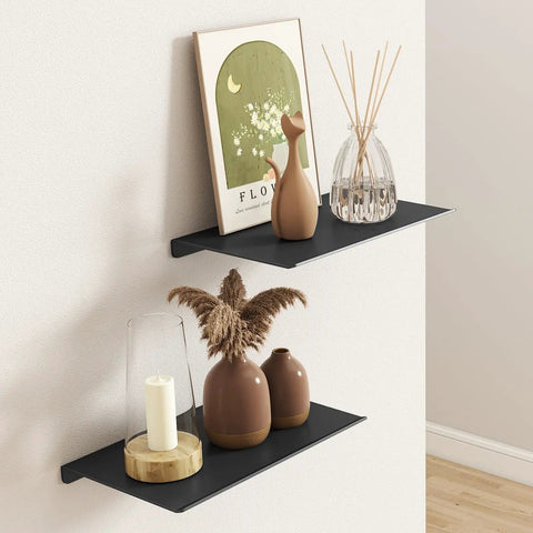 Slick 8 Inch Small Floating Wall Shelves, Heavy Duty Metal Wall Mounted Storage for Bathroom Bedroom Living Room, Dope Minimalist Black Display Racks for Books Room Decor Two Pack with decorative items.