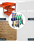 Heavy Duty Wall Mounted Pneumatic Tool Rack And Spray Can Organizer Combo Featuring air tool slots and aerosol holder on pegboard.