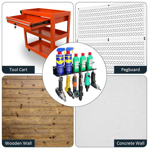 Heavy Duty Wall Mounted Pneumatic Tool Rack And Spray Can Organizer Combo Featuring air tool slots and aerosol holder on pegboard.