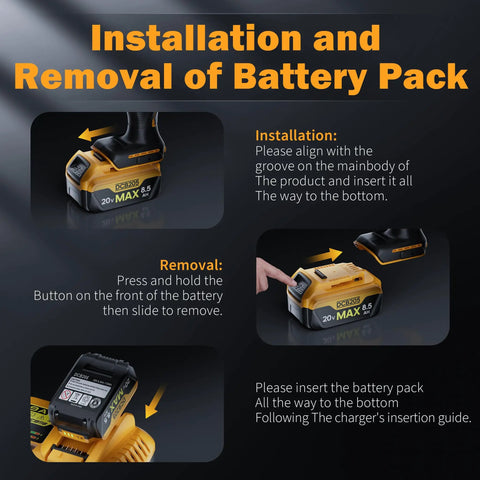 Heavy Duty 4 Pack 8.5Ah Replacement Battery Compatible With Dewalt 20V Max Power Tools installation and removal instructions.