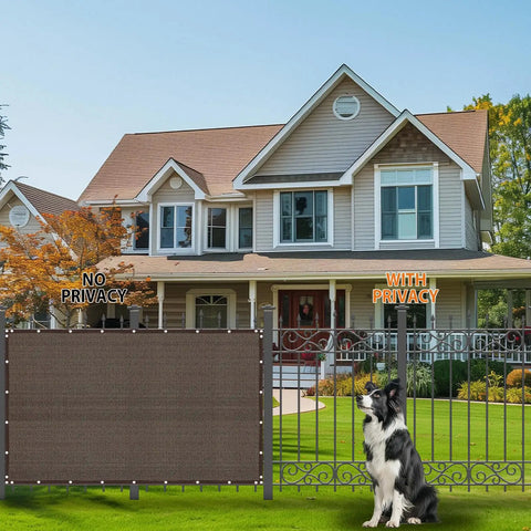 Heavy Duty Outdoor Fence Privacy Screen 4x32 Ft With Breathable HDPE Fabric For Patio Yard Balcony And Garden Windscreen Dustproof Cover Built To Last With Grommets And Zip Ties Included Brown installed on a fence in front of a house demonstrating privacy feature.