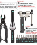 All In One 27 Piece Bike Tool Kit For Mountain And Road Bikes With Durable Storage Case shown with master link tool, torque wrench, chain rivet extractor.