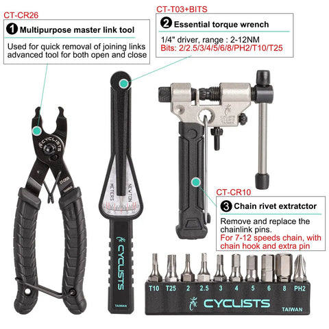 All In One 27 Piece Bike Tool Kit For Mountain And Road Bikes With Durable Storage Case shown with master link tool, torque wrench, chain rivet extractor.