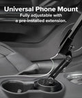 Adjustable Universal Cup Holder Cell Phone Mount Extension For Your Sweet Ride Features Dope Metal Knobs Tight Secure Grip And Reliable Smartphone Compatibility, black mount with phone in car cup holder.