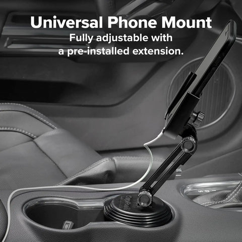 Adjustable Universal Cup Holder Cell Phone Mount Extension For Your Sweet Ride Features Dope Metal Knobs Tight Secure Grip And Reliable Smartphone Compatibility, black mount with phone in car cup holder.
