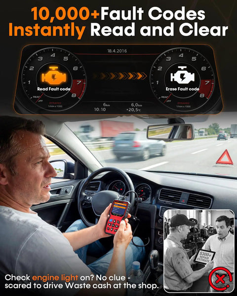 Person using All In One OBD2 Scanner With Battery Tester Read And Clear Check Engine Codes And Diagnose Electrical Faults Fast No Fuss