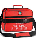 Front view of red SuccorWare large first aid kit bag with black adjustable strap and front zip pocket.