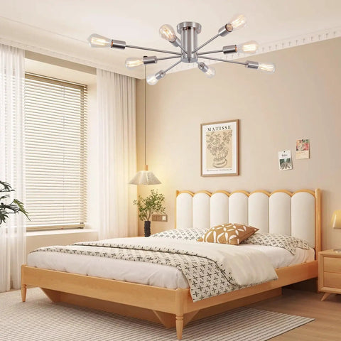 8 Light Sputnik Ceiling Chandelier In Brushed Nickel Silver in modern bedroom with wooden furniture.